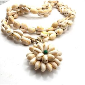 Chunky Bohemian Cowrie Shell Floral Pendant Necklace  32in